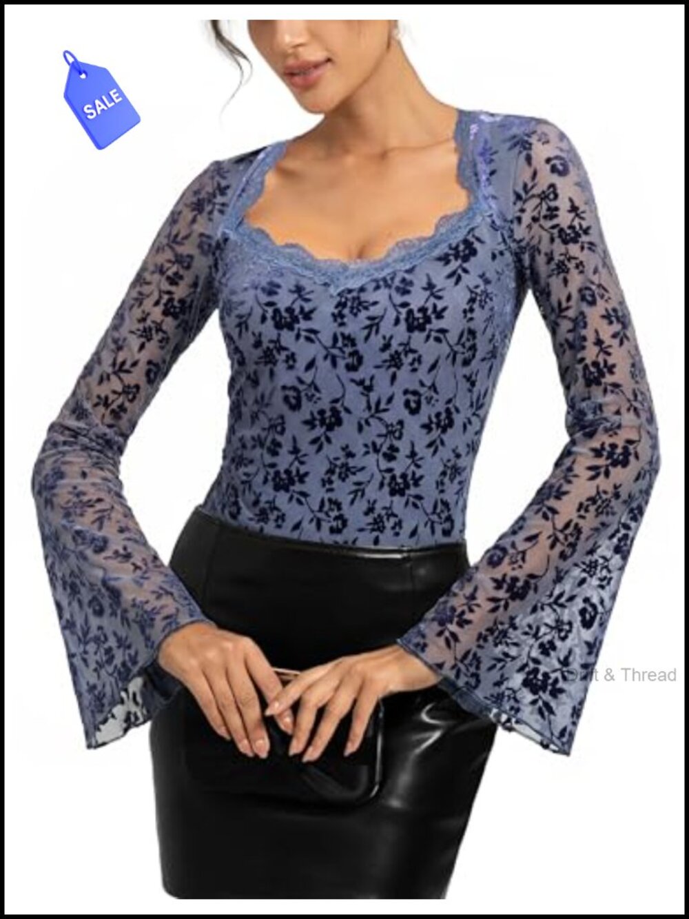 Kate K Long Sleeve Top Square Neck Lace Flared Sleeve Gothic Party Blouse Women